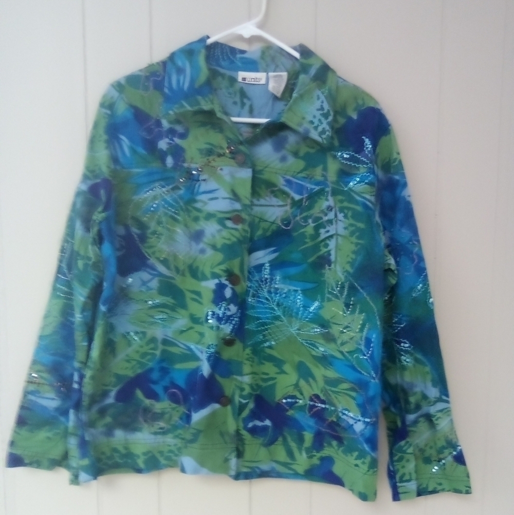 New Women's Colorful Floral Blue & Green Sequined Embroidered Jacket Size Large